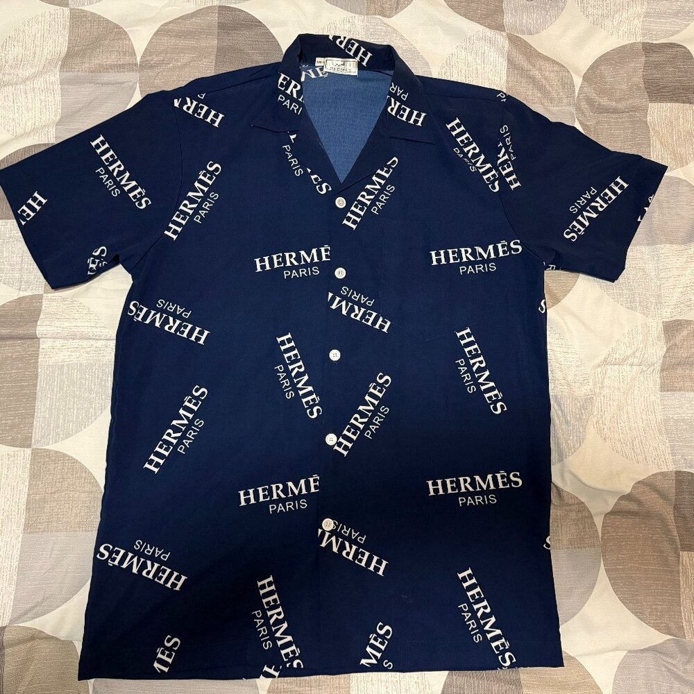 Hermes Men's All-Over Print Logo Bowling Shirt Navy EUR Size XXL RARE!